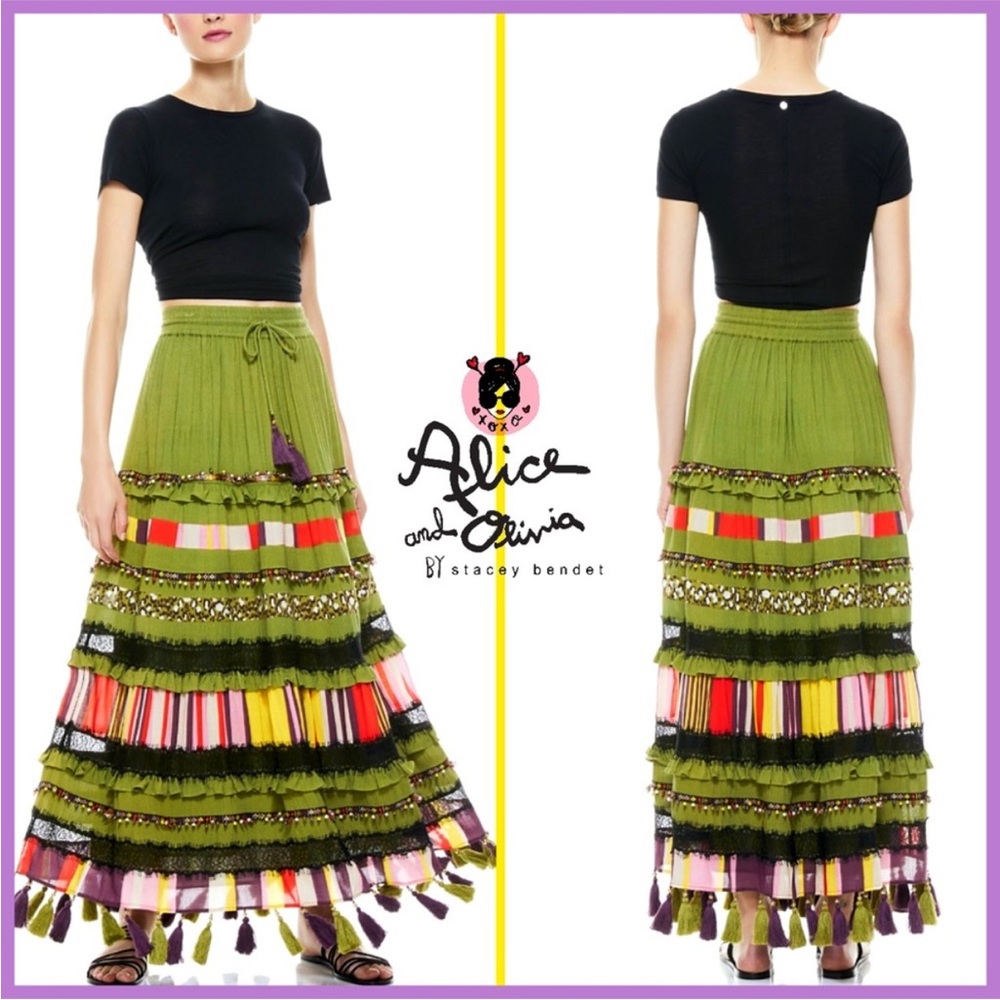 Alice + Olivia Judith Embellished Patchwork Beaded Tassel Boho‎ Maxi Skirt